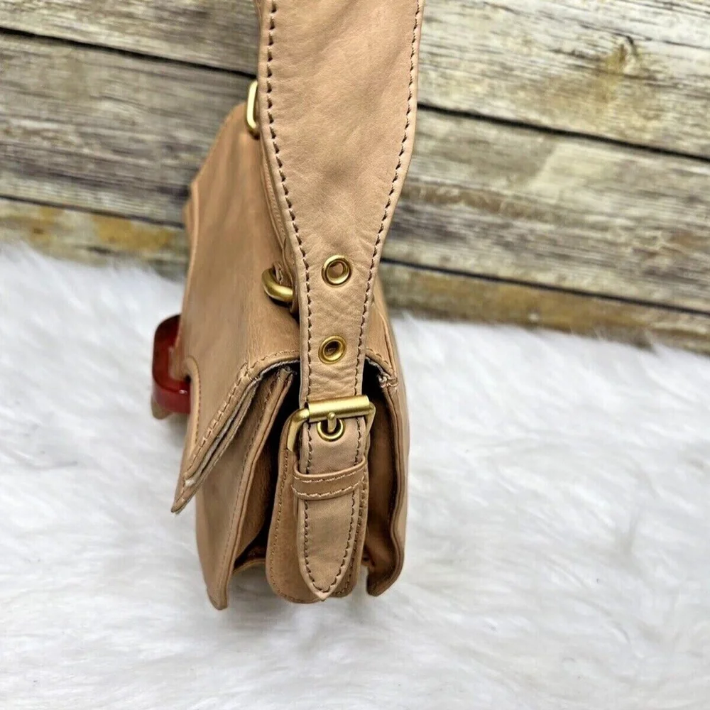 Uterque Natural Tan Brown Leather Front Buckle Small Satchel Purse Shoulder Bag - Picture 4 of 12